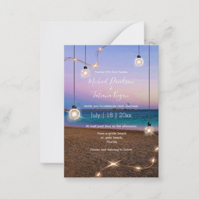 stylish gold lights beach wedding invitation (Front)