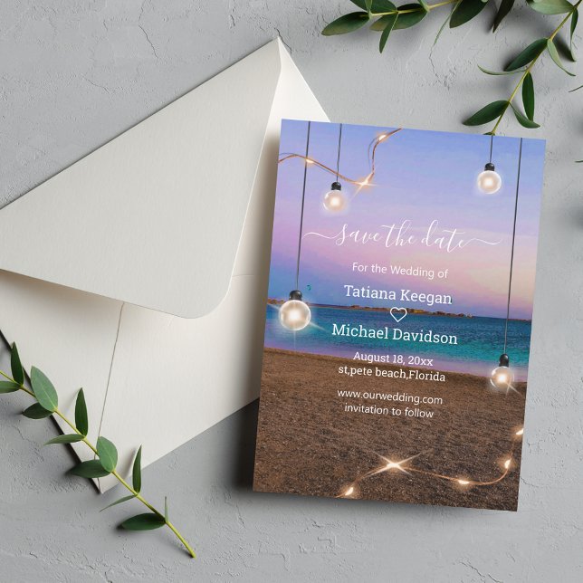 stylish gold lights beach wedding save the date card (Creator Uploaded)