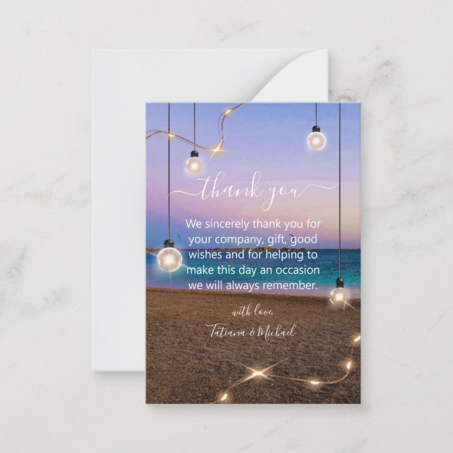 stylish gold lights beach wedding thank you white card (Front)