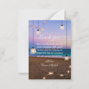 stylish gold lights beach wedding thank you white card