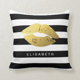 Stylish Gold Lips with Classic Black White Stripes Cushion