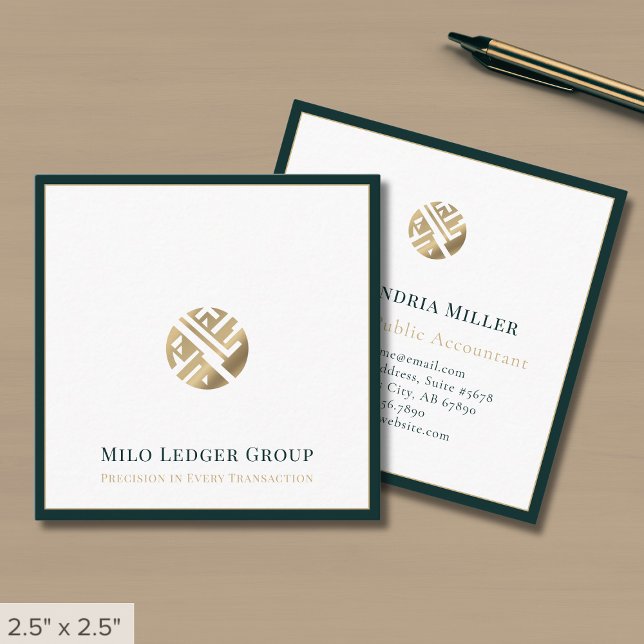 Stylish Gold Logo Green Border Square Business Card (Creator Uploaded)