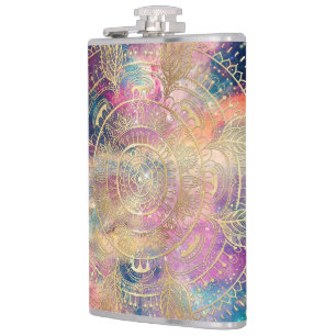 Stylish Gold Mandala Colorful Watercolor Nebula Hip Flask