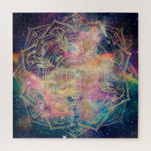 Stylish Gold Mandala Colorful Watercolor Nebula  Jigsaw Puzzle