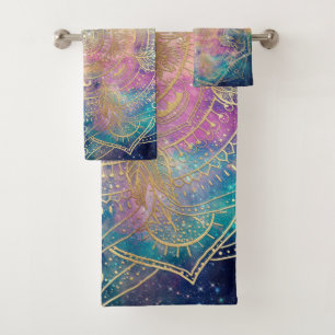 Stylish Gold Mandala Colourful Watercolor Nebula  Bath Towel Set