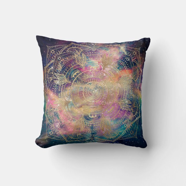 Stylish Gold Mandala Colourful Watercolor Nebula  Cushion (Front)