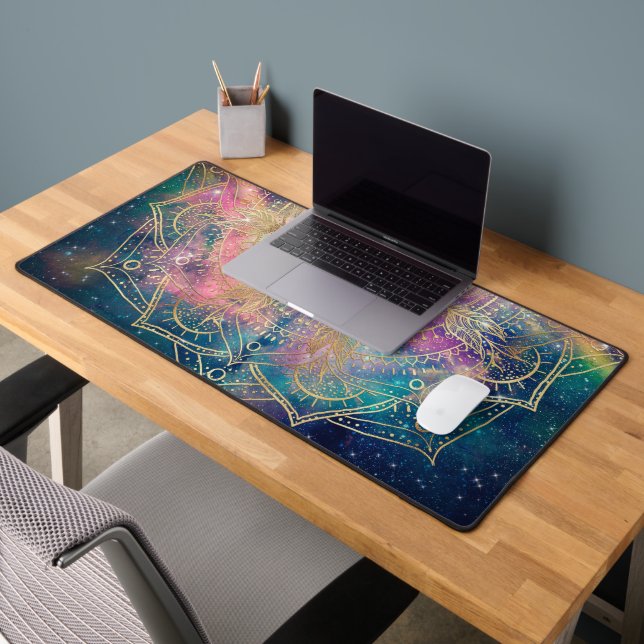 Stylish Gold Mandala Colourful Watercolor Nebula  Desk Mat (Office 2)