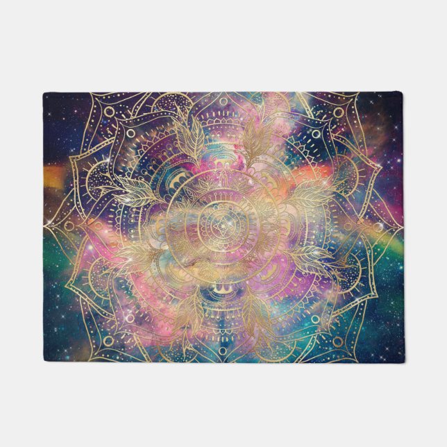 Stylish Gold Mandala Colourful Watercolor Nebula  Doormat (Front)