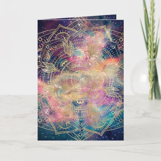 Stylish Gold Mandala Colourful Watercolor Nebula  Holiday Card (Front)