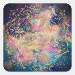 Stylish Gold Mandala Colourful Watercolor Nebula  Square Sticker