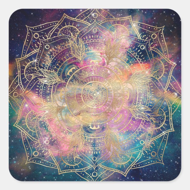 Stylish Gold Mandala Colourful Watercolor Nebula  Square Sticker (Front)