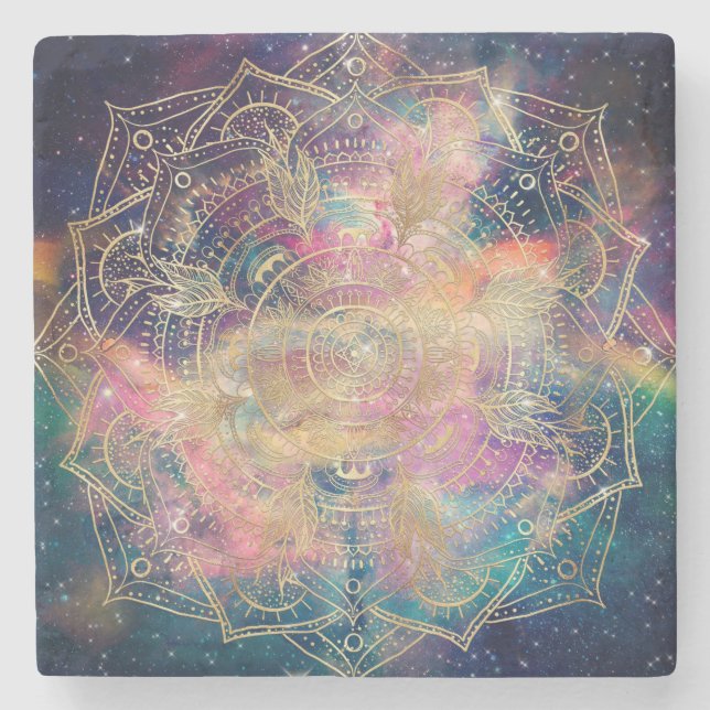 Stylish Gold Mandala Colourful Watercolor Nebula  Stone Coaster (Front)