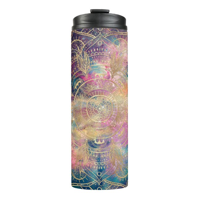 Stylish Gold Mandala Colourful Watercolor Nebula  Thermal Tumbler (Front)