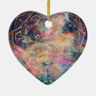Stylish Gold mandala watercolor & Nebula Colorful Ceramic Tree Decoration