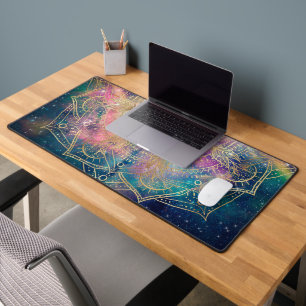 Stylish Gold mandala watercolor & Nebula Colorful Desk Mat