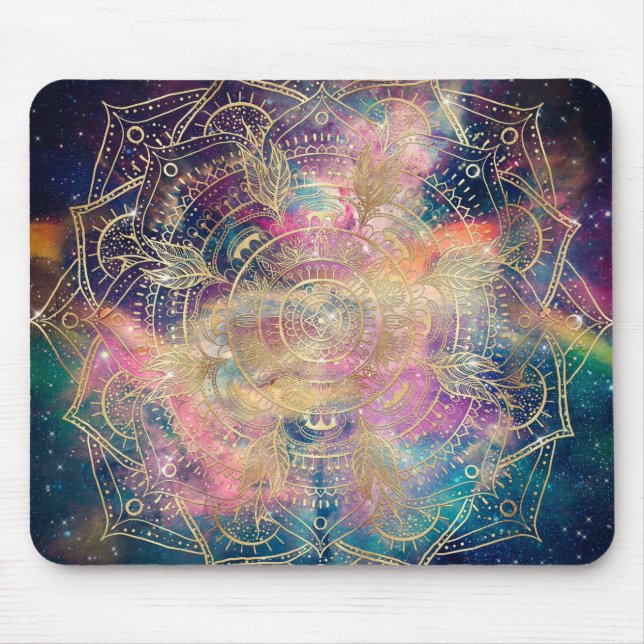 Stylish Gold mandala watercolor & Nebula Colorful Mouse Mat (Front)