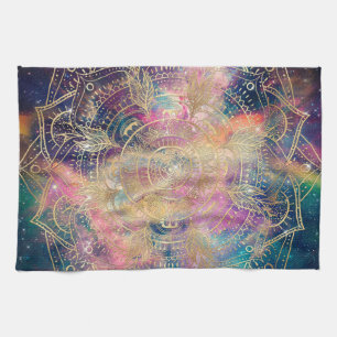 Stylish Gold mandala watercolor & Nebula Colorful Tea Towel