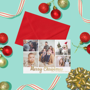 Stylish Gold Merry Christmas 5 Photo Collage Holiday Card