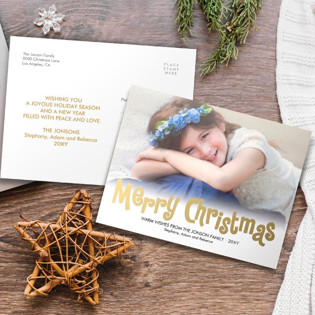 Stylish Gold Merry Xmas Photo Modern Postcard (Creator Uploaded)