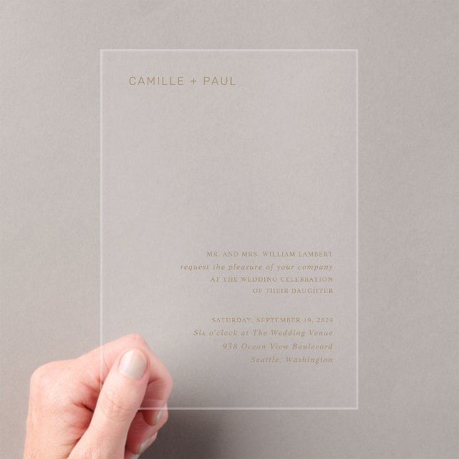 Stylish Gold Minimalist Wedding Acrylic Invitations (Insitu (Handheld))
