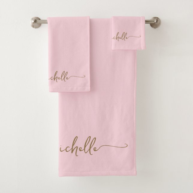 Stylish Gold Monogram Name Script Blush Pink  Bath Towel Set (Insitu)