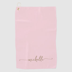 Stylish Gold Monogram Name Script Blush Pink Golf Towel