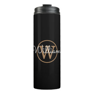 Stylish Gold Monogram Script Name Black Thermal Tumbler