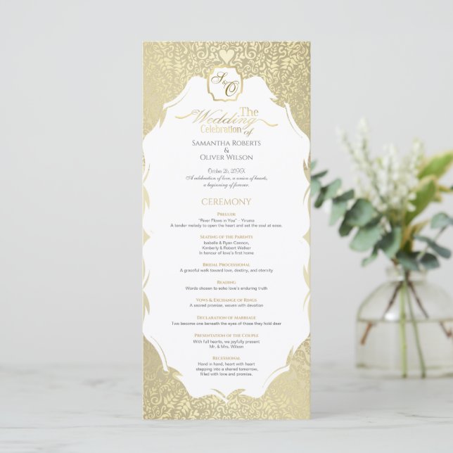 Stylish Gold Monogram Wedding Program Programme (Standing Front)