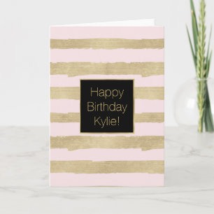 Stylish Gold Pink Stripes Personalised Birthday Card
