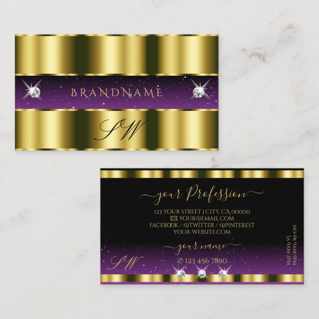 Stylish Gold Purple Black Sparkle Jewels Initials Business Card (Front/Back)