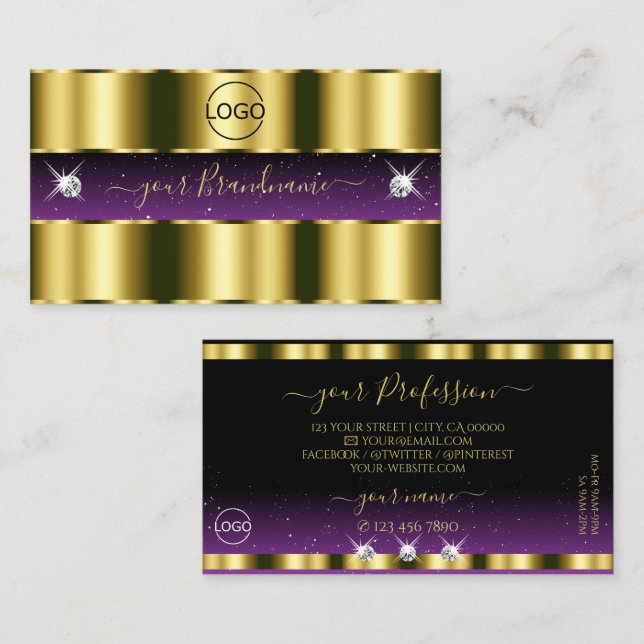 Stylish Gold Purple Black Sparkle Jewels with Logo Business Card (Front/Back)