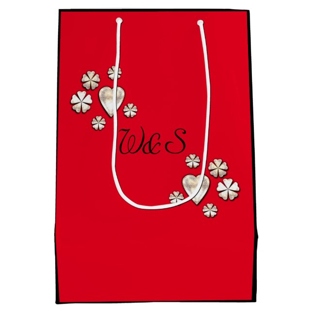 Stylish gold red hearts flowers personalised medium gift bag (Back)