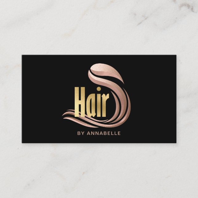 Stylish Gold, Rose Gold & Black Hairstylist Business Card (Front)