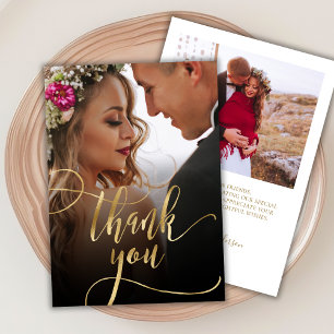 Stylish Gold Script 2 Photo Wedding Thank You Card