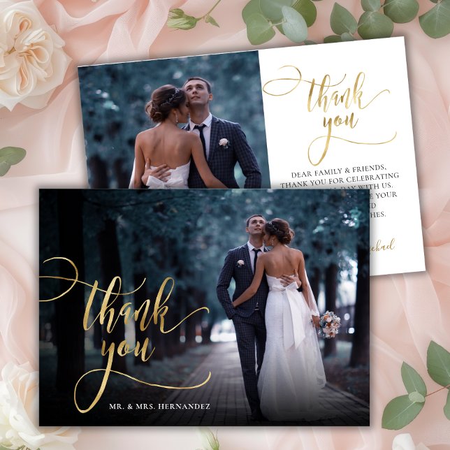 Stylish Gold Script 2 Photo Wedding Thank You Card (Creator Uploaded)
