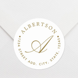 Stylish Gold Script Monogram Family Name Address Classic Round Sticker