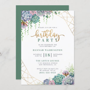 Stylish Gold Script & Succulents Birthday Party Invitation