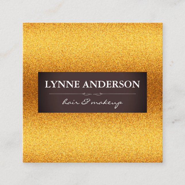 Stylish Gold Shimmer with Brown Label Square Business Card (Front)