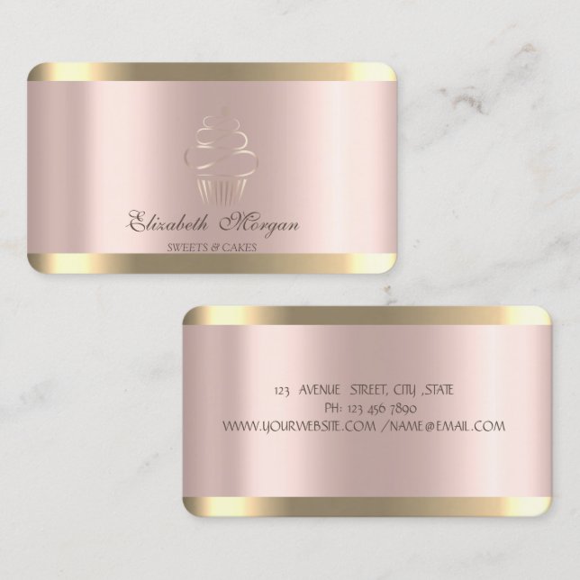 Stylish Gold Stripe Rose Gold Cupcake Business Card (Front/Back)
