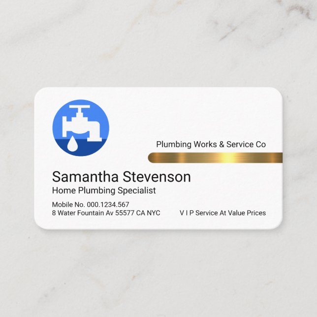 Stylish Gold Tab Leaking Blue Faucet Business Card (Front)