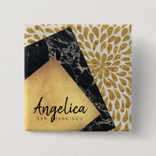Stylish Gold Teardrop Paint Black Marble Monogram 15 Cm Square Badge