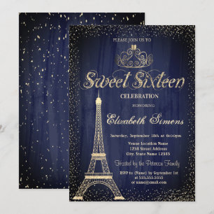Stylish Gold Tiara Confetti Eiffel Towel  Sweet 16 Invitation