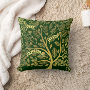 Stylish Gold Tree Of Life Foliage Merry Christmas  Cushion