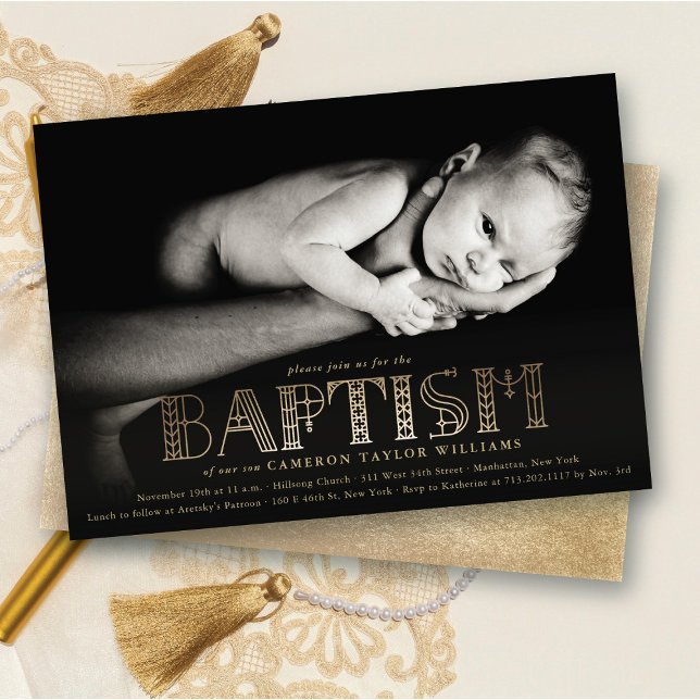 Stylish Gold Typography Elegant Chic Baptism Photo Invitation (Boho Elegant Faux Gold Foil Stylish Chic Modern Baptism Religious Photo Invitation @ fat_fa_tin)