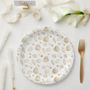 Stylish Gold White Seashells Pattern Paper Plate