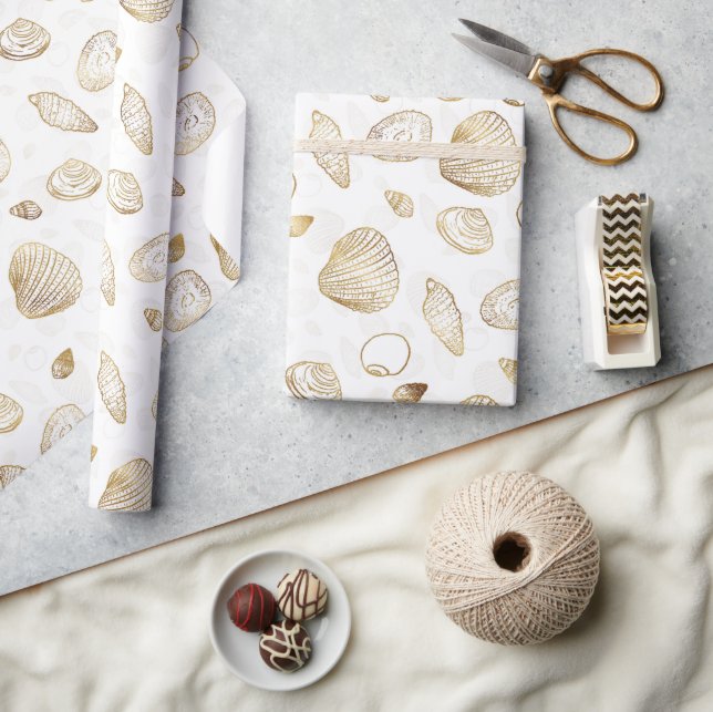 Stylish Gold White Seashells Pattern Wrapping Paper (Crafts)