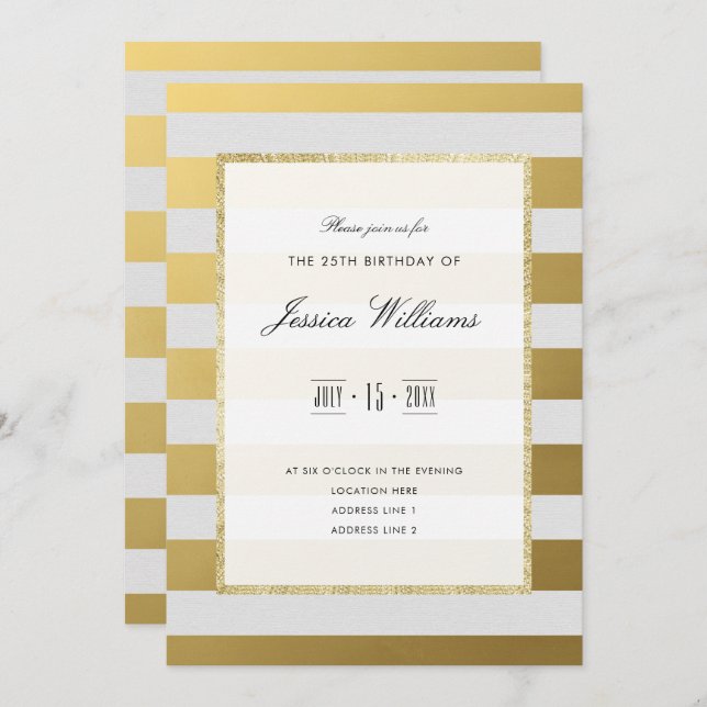Stylish Gold & White Stripes 25th Birthday Party Invitation (Front/Back)