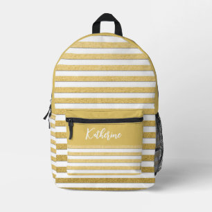 Stylish Gold White Stripes Personalised Printed Backpack