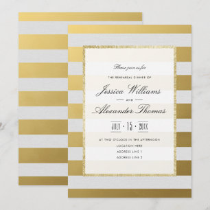 Stylish Gold & White Stripes Rehearsal Dinner Invitation