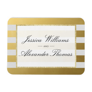 Stylish Gold & White Stripes Wedding Magnet